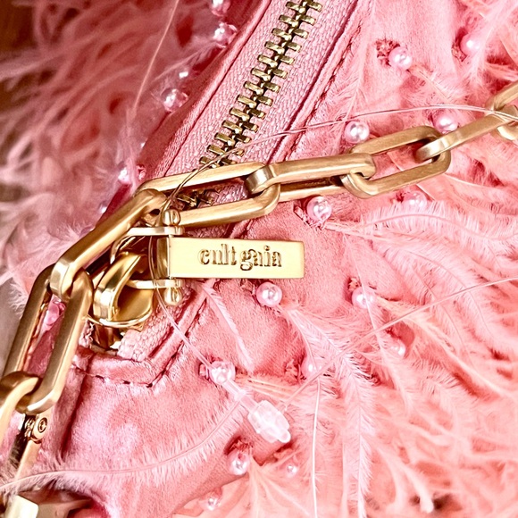 🌺🎉HP🎉🌺 NWT Cult Gaia Gia Ostrich Feather & Pearl Shoulder Bag Azalea 🌟Rare🌟 - Picture 7 of 16